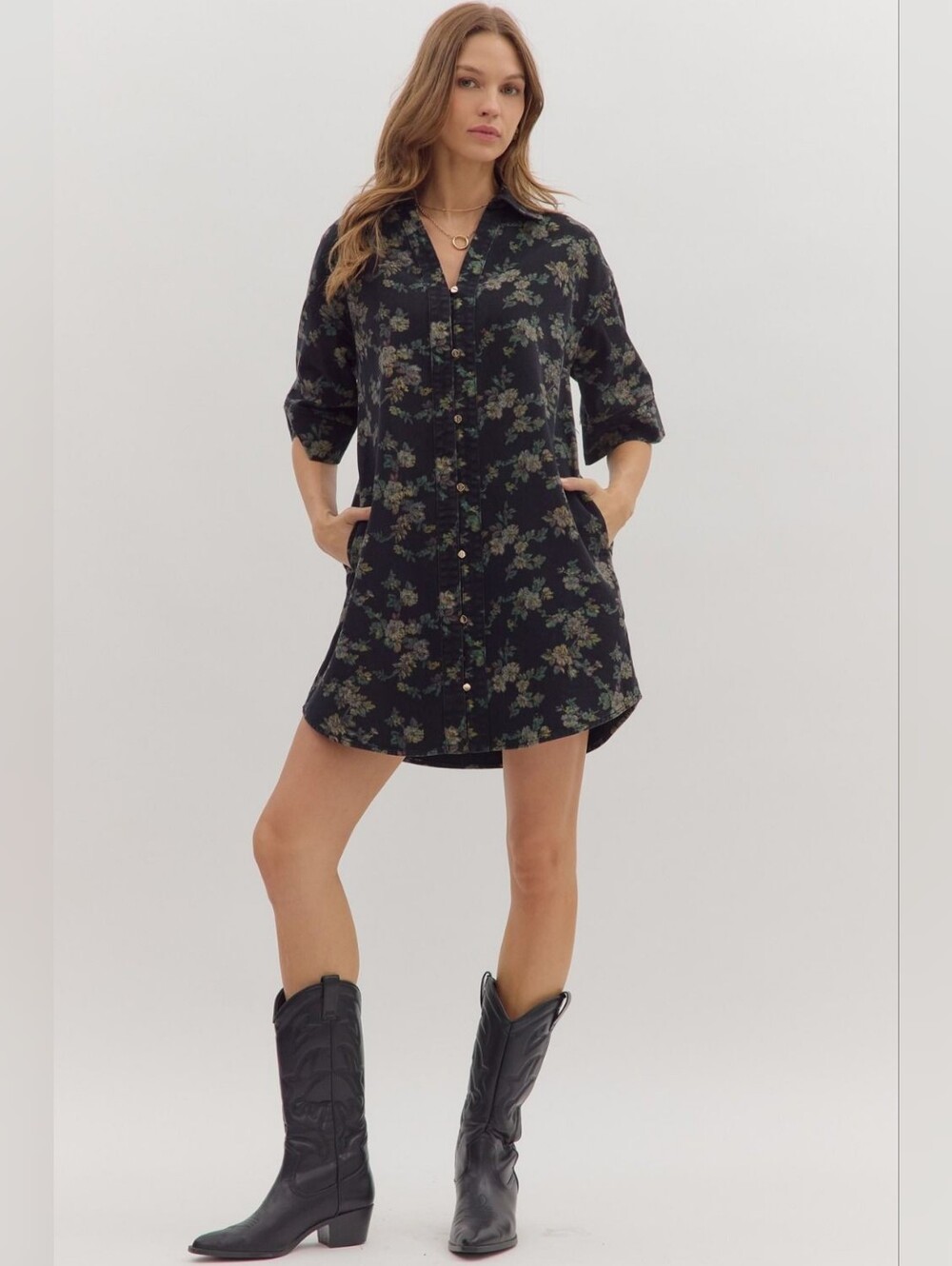 NWT Entro Floral Button-Front Denim Shirt Dress in Black